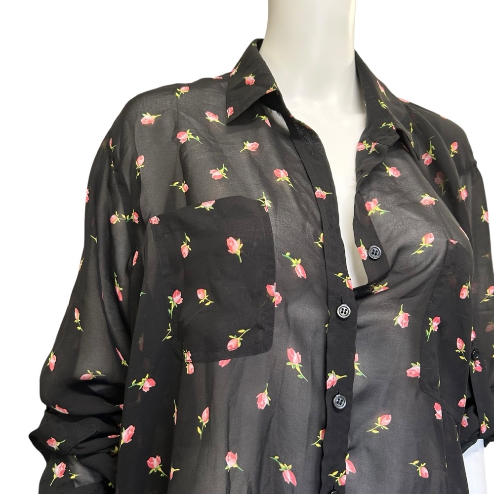 Victoria's Secret Black Pink Rose Bud Semi Sheer Blouse Size M - Picture 3 of 8